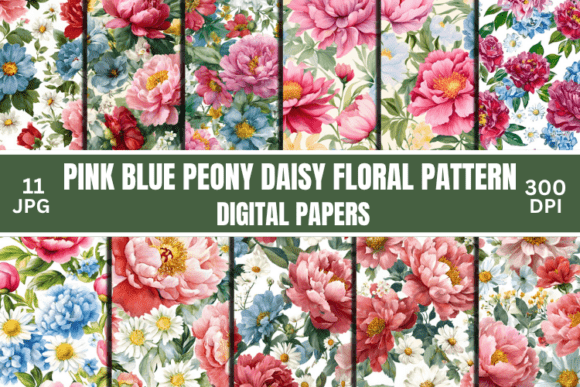 Download Pink Blue Peony Daisy Floral Pattern - Pink blue Collection